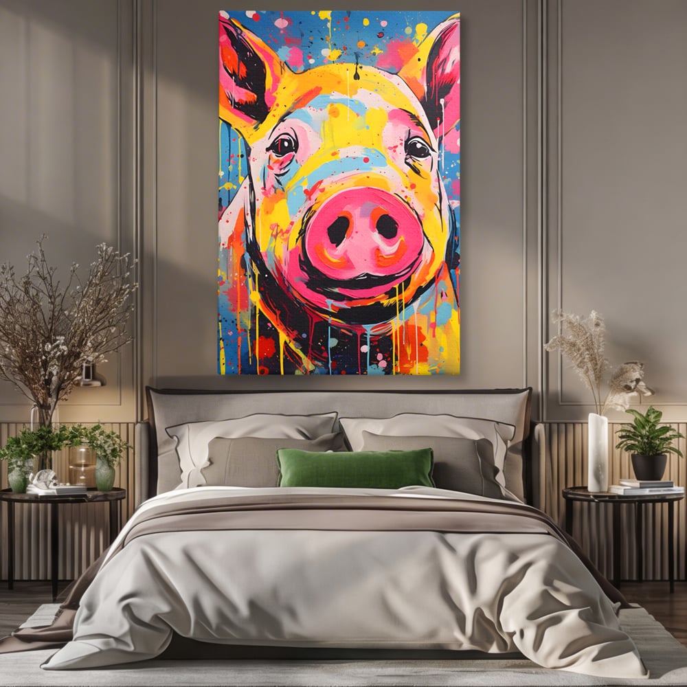 Tablou canvas cu tablou canvas portret de porc colorat, fara rama, pe sasiu de lemn, pe perete intr-un dormitor